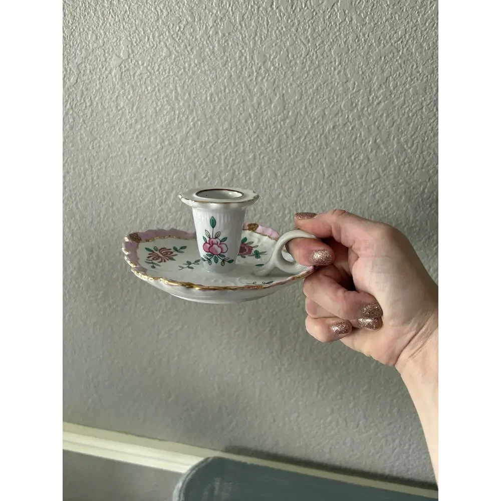 Vintage Lord & Taylor Japan Floral Chamberstick Finger Loop Candle Holder